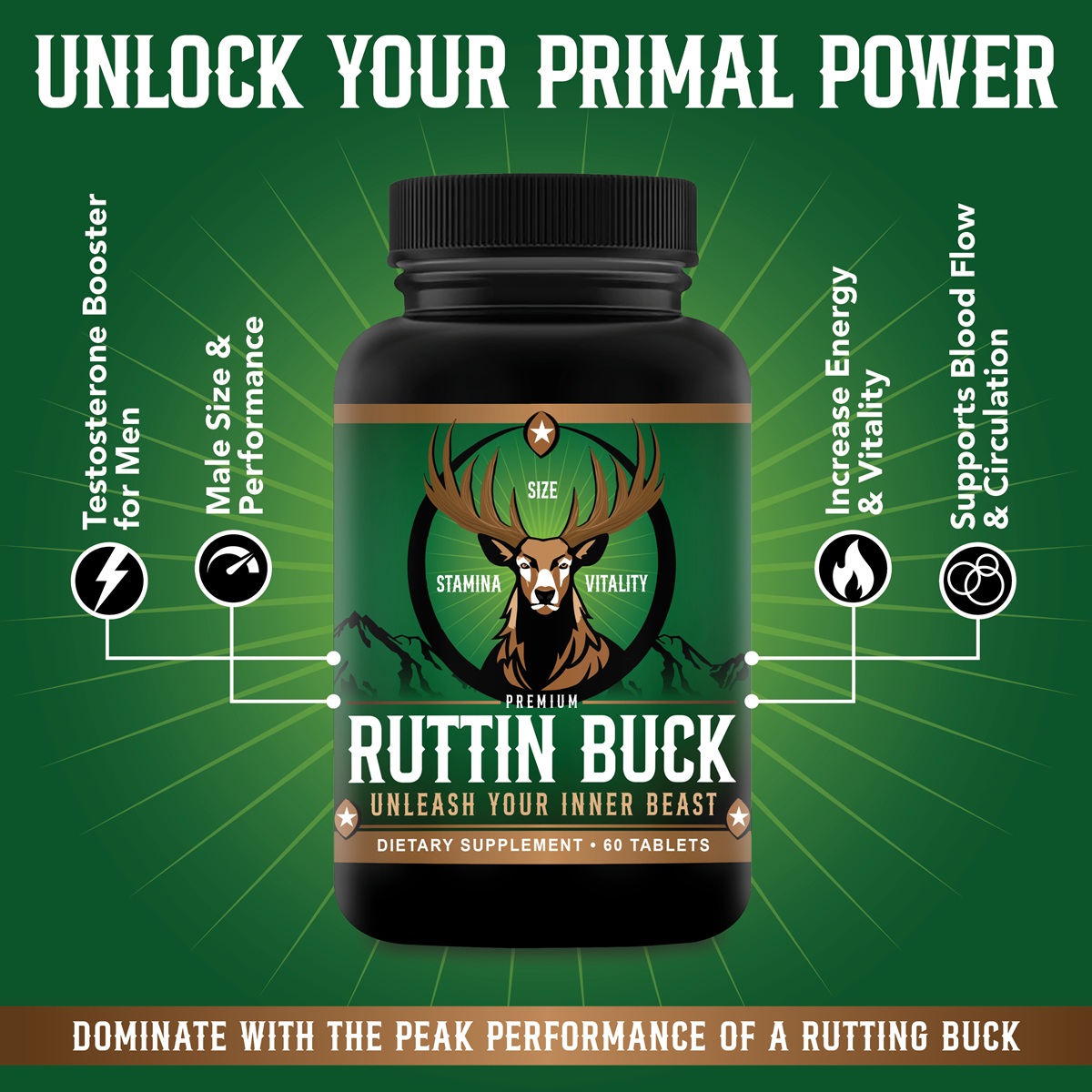 Supplement benefits radiating from the Ruttin Buck bottle, highlighting male performance, energy, size, and testosterone support
