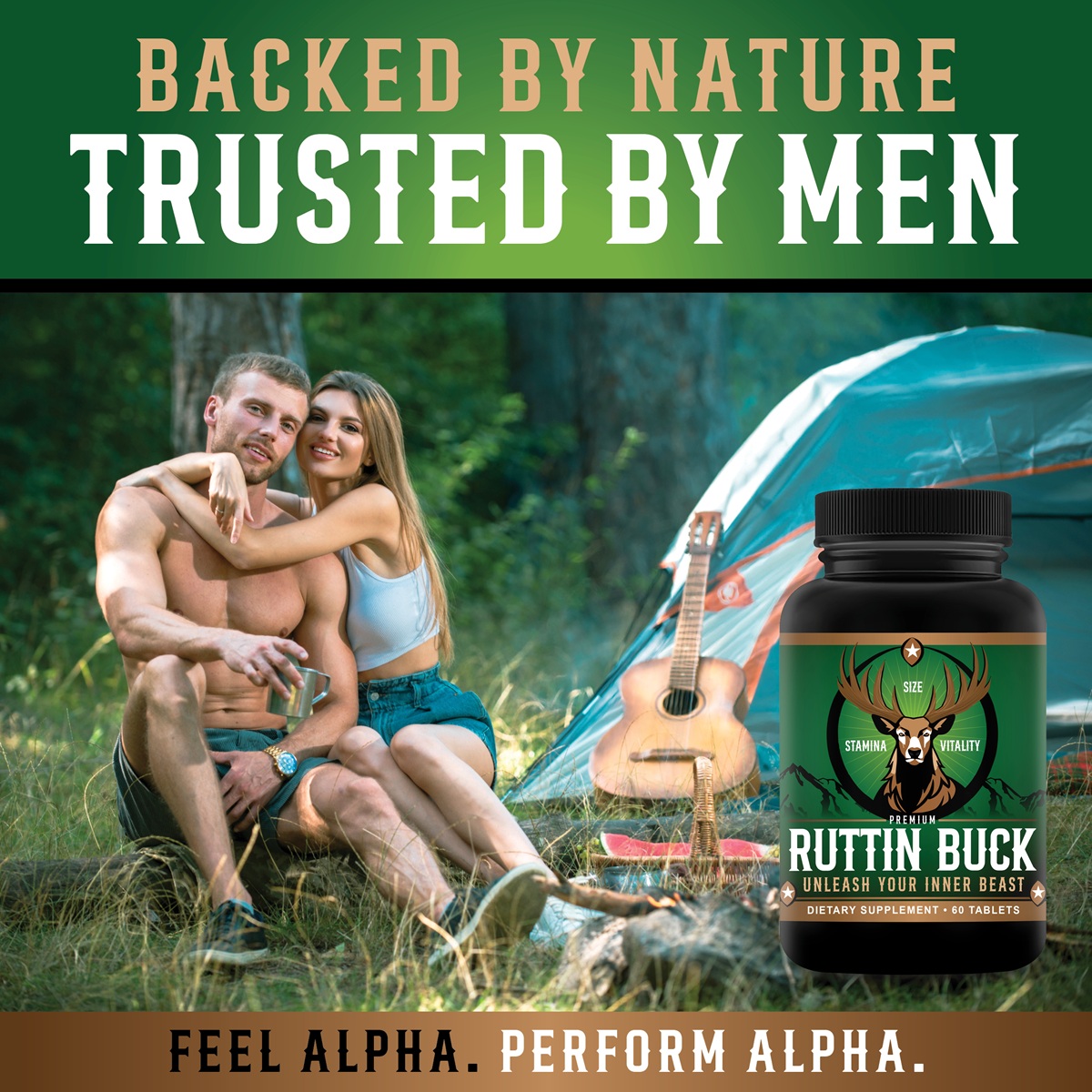 Fit man and attractive woman embracing in nature, symbolizing strength, masculinity, and connection